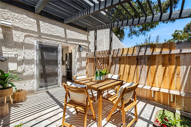 18714 Maplewood Cir, Huntington Beach, CA 92646 - wooden deck with outdoor dining space, a pergola, and a patio area