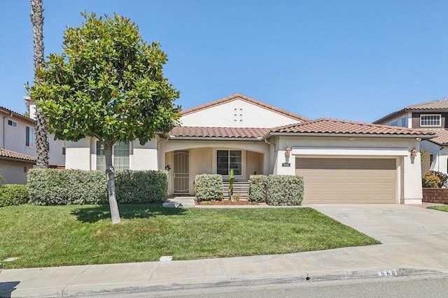 568 Scenic Trail Pl, Chula Vista, CA 91914 - mediterranean / spanish house featuring an attached garage, driveway, stucco siding, a front yard, and a tiled roof