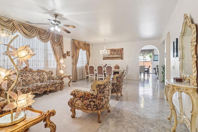 568 Scenic Trail Pl, Chula Vista, CA 91914 - living room with arched walkways, a ceiling fan, and a chandelier
