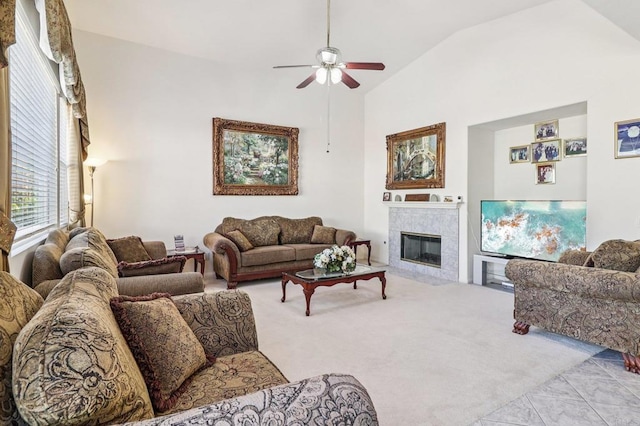 568 Scenic Trail Pl, Chula Vista, CA 91914 - carpeted living room with a ceiling fan, a fireplace, and high vaulted ceiling