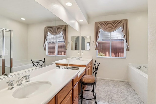 568 Scenic Trail Pl, Chula Vista, CA 91914 - bathroom featuring a garden tub, vanity, recessed lighting, and a stall shower