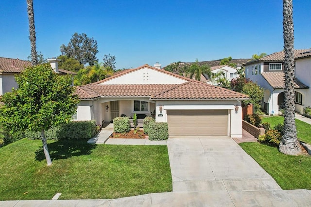 568 Scenic Trail Pl, Chula Vista, CA 91914 - mediterranean / spanish home featuring an attached garage, a tile roof, a front lawn, driveway, and stucco siding