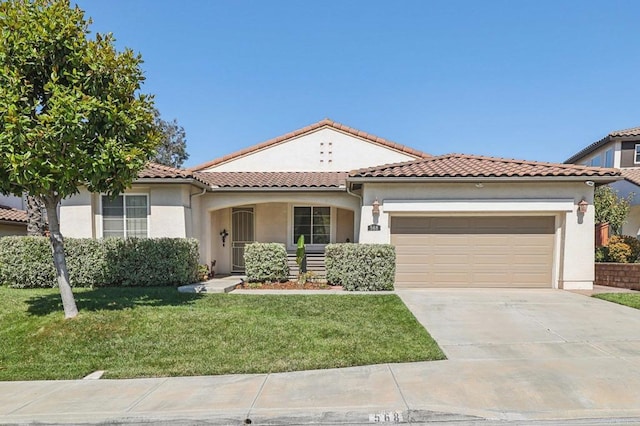 568 Scenic Trail Pl, Chula Vista, CA 91914 - mediterranean / spanish house featuring stucco siding, an attached garage, a front yard, concrete driveway, and a tile roof