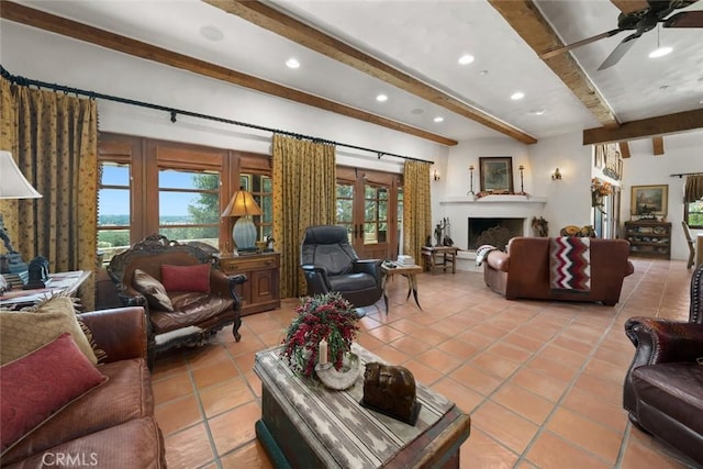 665 Sheehy Rd, Nipomo, CA 93444 - living area with beamed ceiling, light tile patterned flooring, plenty of natural light, a ceiling fan, and recessed lighting
