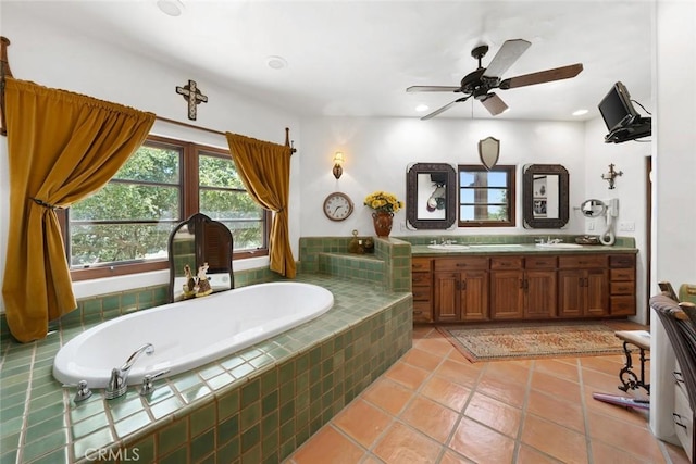 665 Sheehy Rd, Nipomo, CA 93444 - bathroom with double vanity, a bath, a ceiling fan, tile patterned flooring, and recessed lighting