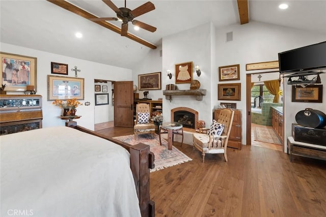 665 Sheehy Rd, Nipomo, CA 93444 - bedroom featuring beam ceiling, hardwood / wood-style floors, a large fireplace, high vaulted ceiling, and recessed lighting
