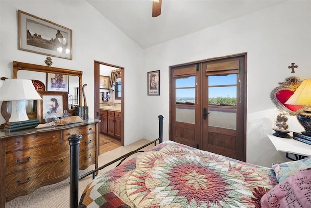 665 Sheehy Rd, Nipomo, CA 93444 - bedroom with french doors, lofted ceiling, connected bathroom, light carpet, and light tile patterned floors
