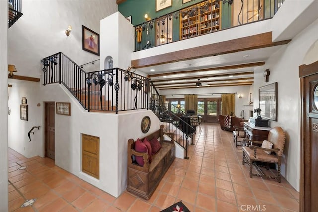 665 Sheehy Rd, Nipomo, CA 93444 - stairs with a high ceiling, tile patterned floors, and beamed ceiling