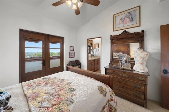 665 Sheehy Rd, Nipomo, CA 93444 - bedroom with vaulted ceiling, french doors, carpet, a ceiling fan, and ensuite bathroom
