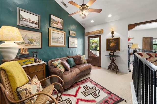 665 Sheehy Rd, Nipomo, CA 93444 - living area with healthy amount of natural light, a ceiling fan, vaulted ceiling, carpet floors, and recessed lighting
