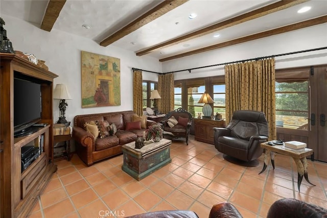 665 Sheehy Rd, Nipomo, CA 93444 - living area with beamed ceiling, light tile patterned floors, plenty of natural light, and recessed lighting
