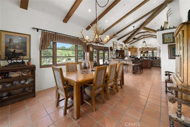 665 Sheehy Rd, Nipomo, CA 93444 - dining room with a chandelier, beam ceiling, light tile patterned floors, recessed lighting, and high vaulted ceiling