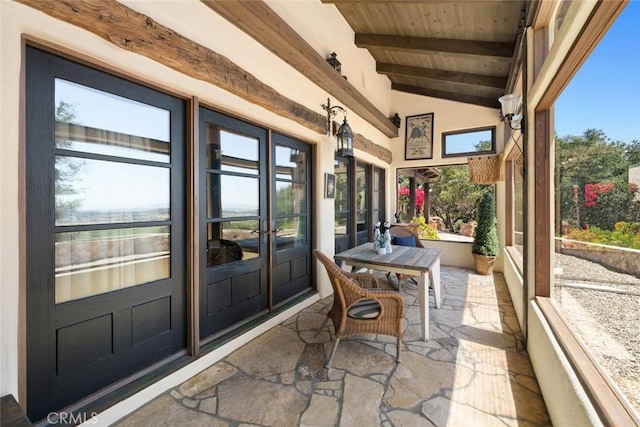 665 Sheehy Rd, Nipomo, CA 93444 - sunroom featuring wooden ceiling, french doors, and stone flooring
