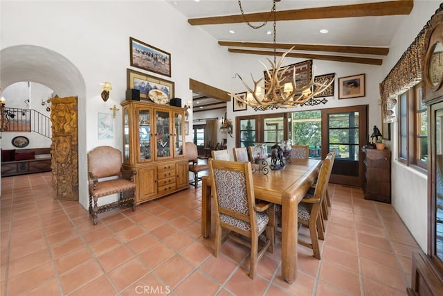 665 Sheehy Rd, Nipomo, CA 93444 - dining area featuring a chandelier, healthy amount of natural light, beam ceiling, recessed lighting, and arched walkways
