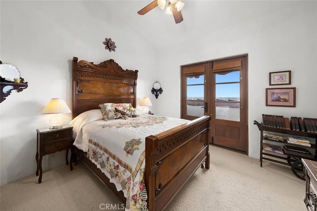 665 Sheehy Rd, Nipomo, CA 93444 - bedroom featuring light carpet, vaulted ceiling, a ceiling fan, and access to outside