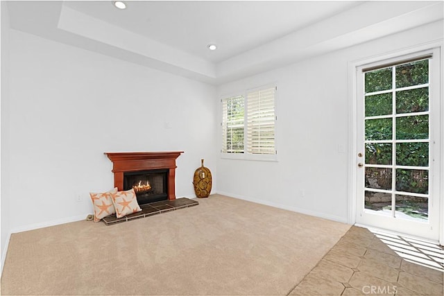 26675 Country Creek Ln, Calabasas, CA 91302 - unfurnished living room with a tiled fireplace, carpet, recessed lighting, and a raised ceiling