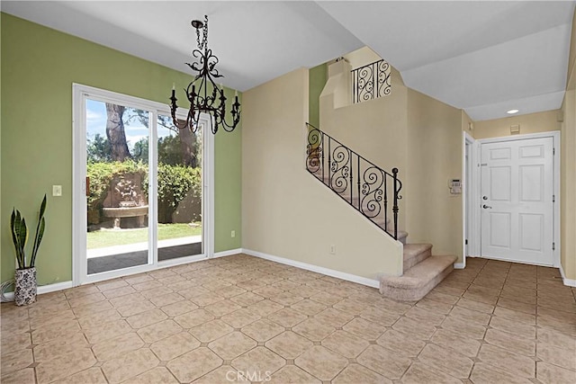 26675 Country Creek Ln, Calabasas, CA 91302 - unfurnished dining area featuring a chandelier, stairs, and light tile patterned floors