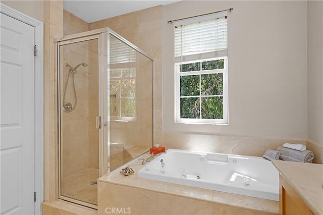 26675 Country Creek Ln, Calabasas, CA 91302 - bathroom featuring a tub with jets, a stall shower, and vanity