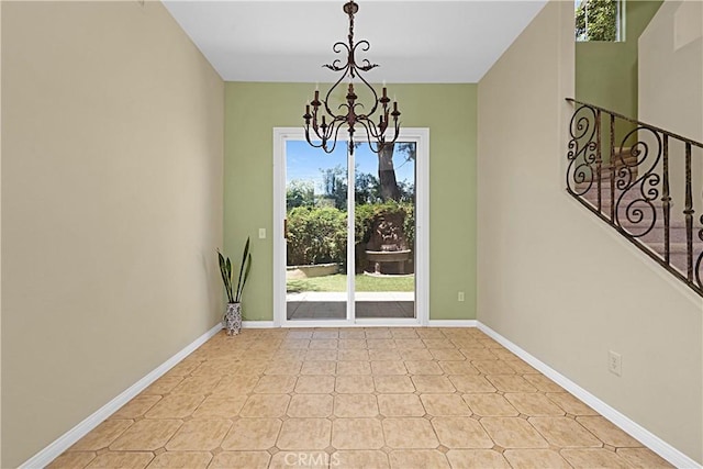 26675 Country Creek Ln, Calabasas, CA 91302 - unfurnished dining area featuring a chandelier, stairs, and light tile patterned floors