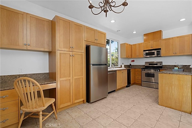 26675 Country Creek Ln, Calabasas, CA 91302 - kitchen with appliances with stainless steel finishes, a chandelier, recessed lighting, light flooring, and dark stone counters