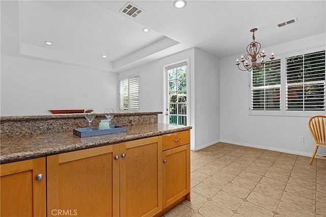 26675 Country Creek Ln, Calabasas, CA 91302 - kitchen with a tray ceiling, a chandelier, recessed lighting, and hanging light fixtures
