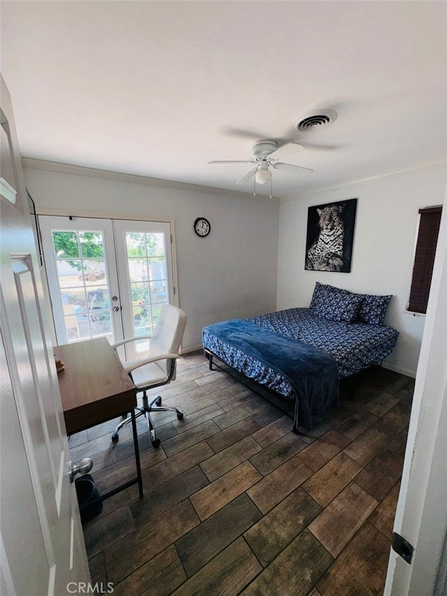 3620 Hoover St, Riverside, CA 92504 - bedroom with french doors, wood finished floors, crown molding, ceiling fan, and access to exterior