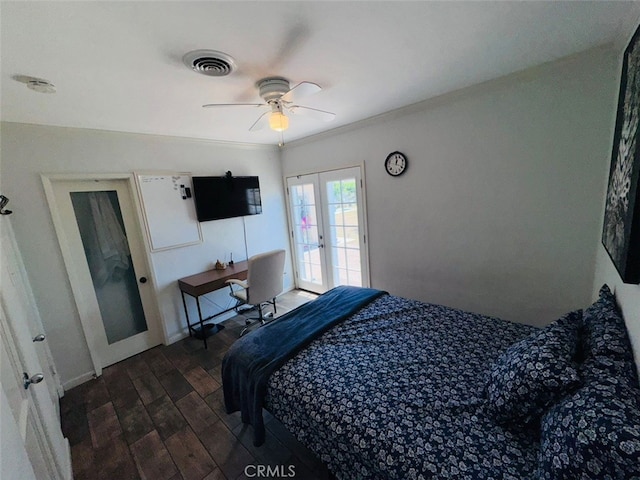 3620 Hoover St, Riverside, CA 92504 - bedroom with french doors, dark wood-style flooring, ceiling fan, access to exterior, and a desk