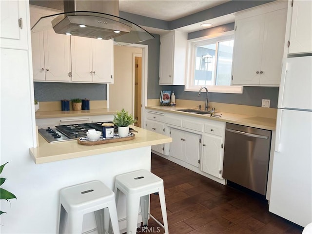 3144 W 154th Pl, Gardena, CA 90249 - kitchen featuring appliances with stainless steel finishes, island exhaust hood, dark wood-style floors, and white cabinets