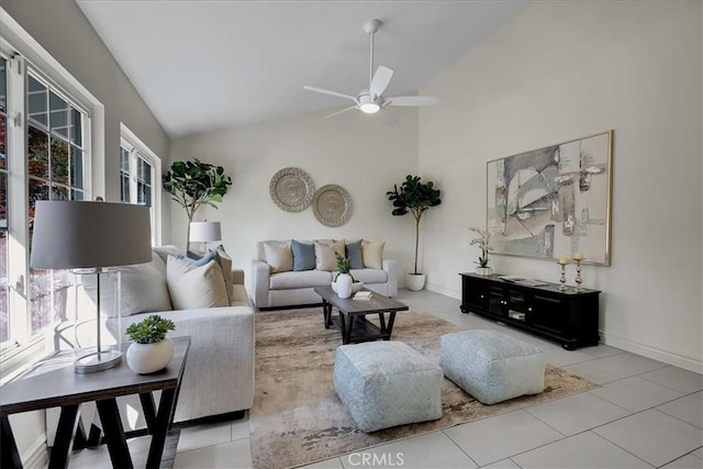 124 Marion Blvd, Fullerton, CA 92835 - tiled living area featuring a ceiling fan and high vaulted ceiling