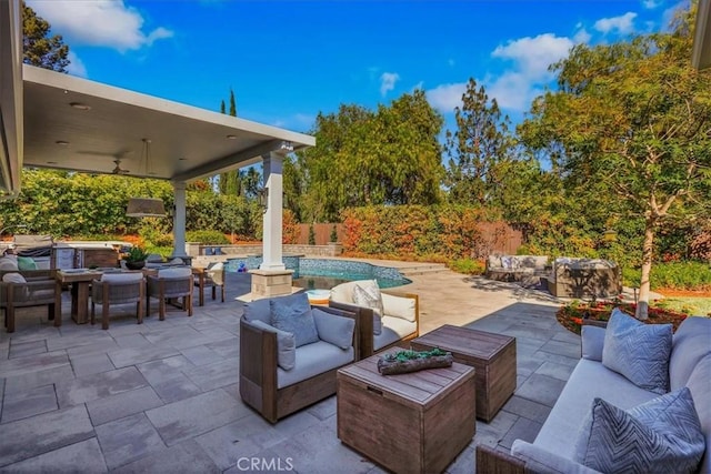 124 Marion Blvd, Fullerton, CA 92835 - view of patio / terrace with an outdoor living space, a ceiling fan, and outdoor dining area