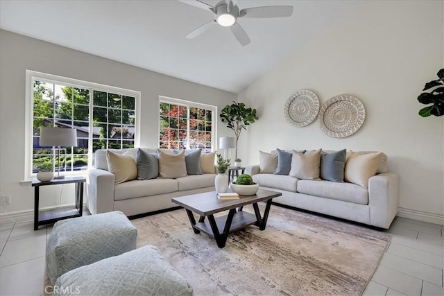 124 Marion Blvd, Fullerton, CA 92835 - living area featuring a ceiling fan, tile patterned flooring, and high vaulted ceiling