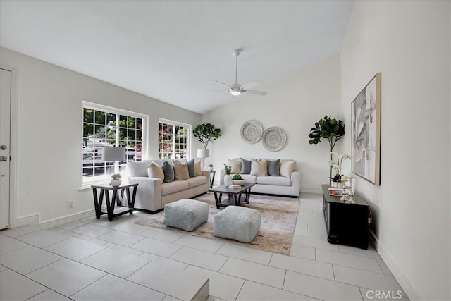 124 Marion Blvd, Fullerton, CA 92835 - tiled living area featuring ceiling fan and lofted ceiling