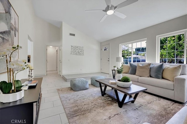 124 Marion Blvd, Fullerton, CA 92835 - living room featuring a ceiling fan, high vaulted ceiling, and tile patterned floors