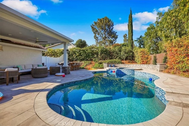 124 Marion Blvd, Fullerton, CA 92835 - view of pool with a patio area, outdoor lounge area, a fenced backyard, and a ceiling fan