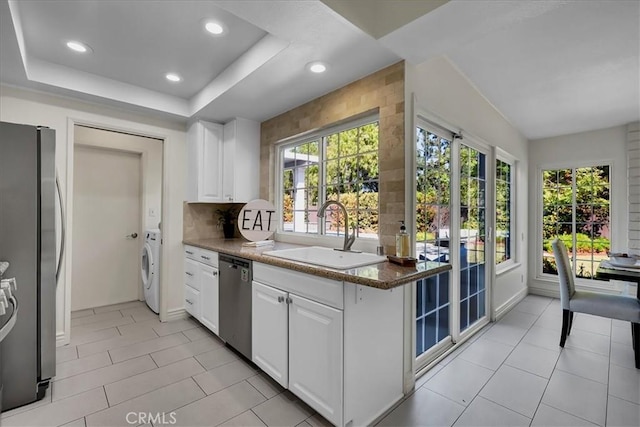 124 Marion Blvd, Fullerton, CA 92835 - kitchen featuring appliances with stainless steel finishes, white cabinetry, healthy amount of natural light, and recessed lighting