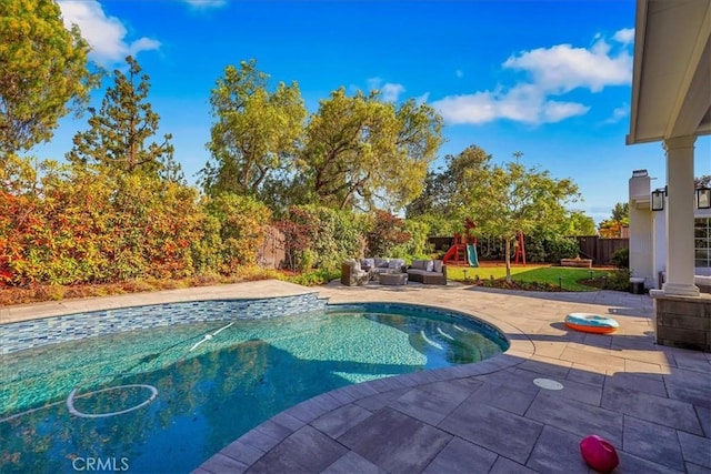 124 Marion Blvd, Fullerton, CA 92835 - view of swimming pool featuring an outdoor hangout area, a patio, and a fenced backyard