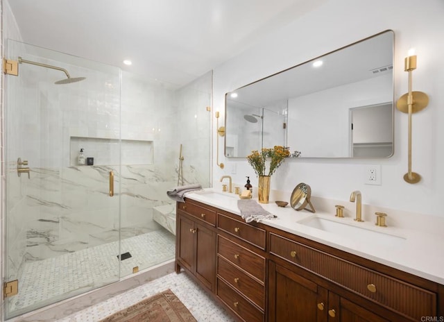 11741 Foster Rd, Los Alamitos, CA 90720 - full bathroom featuring double vanity, a marble finish shower, and recessed lighting