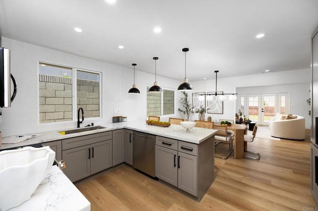 19222 S Grandee Ave, Carson, CA 90746 - kitchen featuring dishwasher, gray cabinetry, light stone counters, light wood-type flooring, and recessed lighting