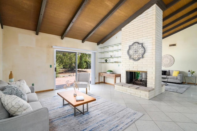 10665 Loire Ave, San Diego, CA 92131 - living room featuring a wooden ceiling with exposed beams, light tile patterned floors, a fireplace, and high vaulted ceiling