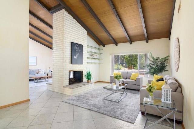 10665 Loire Ave, San Diego, CA 92131 - living area with a wooden ceiling with exposed beams, tile patterned floors, a brick fireplace, and high vaulted ceiling