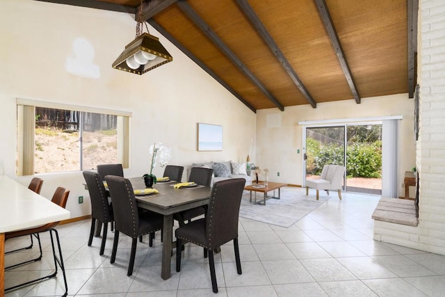 10665 Loire Ave, San Diego, CA 92131 - dining area featuring light tile patterned flooring, high vaulted ceiling, and a wood ceiling with exposed beams