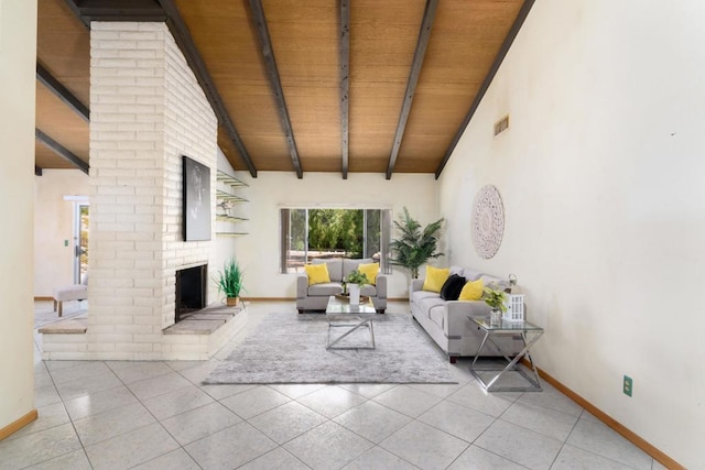 10665 Loire Ave, San Diego, CA 92131 - living area featuring wooden ceiling, tile patterned flooring, and a brick fireplace