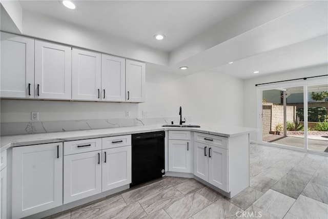20 Mayapple Way, Irvine, CA 92612 - kitchen featuring dishwasher, a peninsula, light marble finish flooring, white cabinetry, and recessed lighting