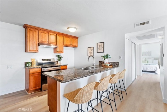 21951 Rimhurst Dr Unit F201, Lake Forest, CA 92630 - kitchen with stainless steel electric range oven, under cabinet range hood, light wood-style flooring, and brown cabinetry