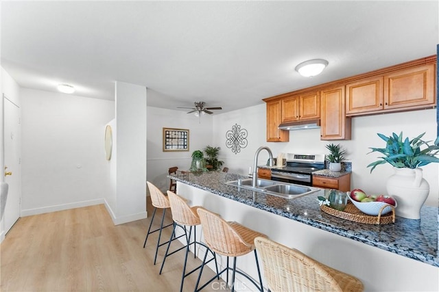 21951 Rimhurst Dr Unit F201, Lake Forest, CA 92630 - kitchen with under cabinet range hood, stainless steel electric range, a kitchen breakfast bar, light wood-style flooring, and dark stone countertops