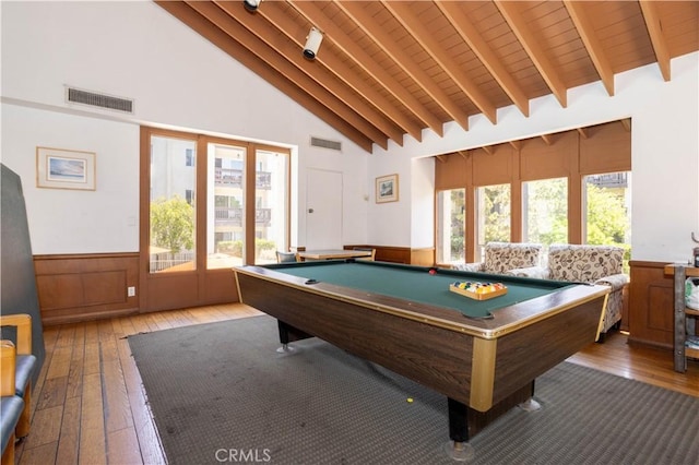 7205 Summertime Ln, Culver City, CA 90230 - recreation room with wood-type flooring, wainscoting, high vaulted ceiling, pool table, and a wooden ceiling with exposed beams