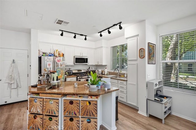 29 Quartz Ln, Ladera Ranch, CA 92694 - kitchen featuring stainless steel appliances, light wood-style flooring, plenty of natural light, and white cabinets