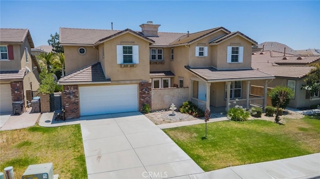 6330 La Mesa St, Eastvale, CA 92880 - traditional-style home with a tiled roof, a chimney, concrete driveway, covered porch, and a garage