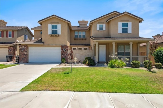 6330 La Mesa St, Eastvale, CA 92880 - view of front facade with an attached garage, covered porch, a front lawn, and stucco siding