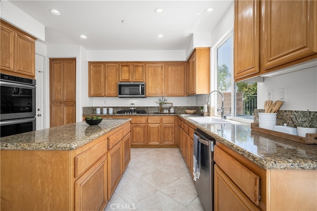 420 Augusta Ln, Placentia, CA 92870 - kitchen featuring stainless steel appliances, dark stone counters, recessed lighting, brown cabinetry, and light tile patterned floors